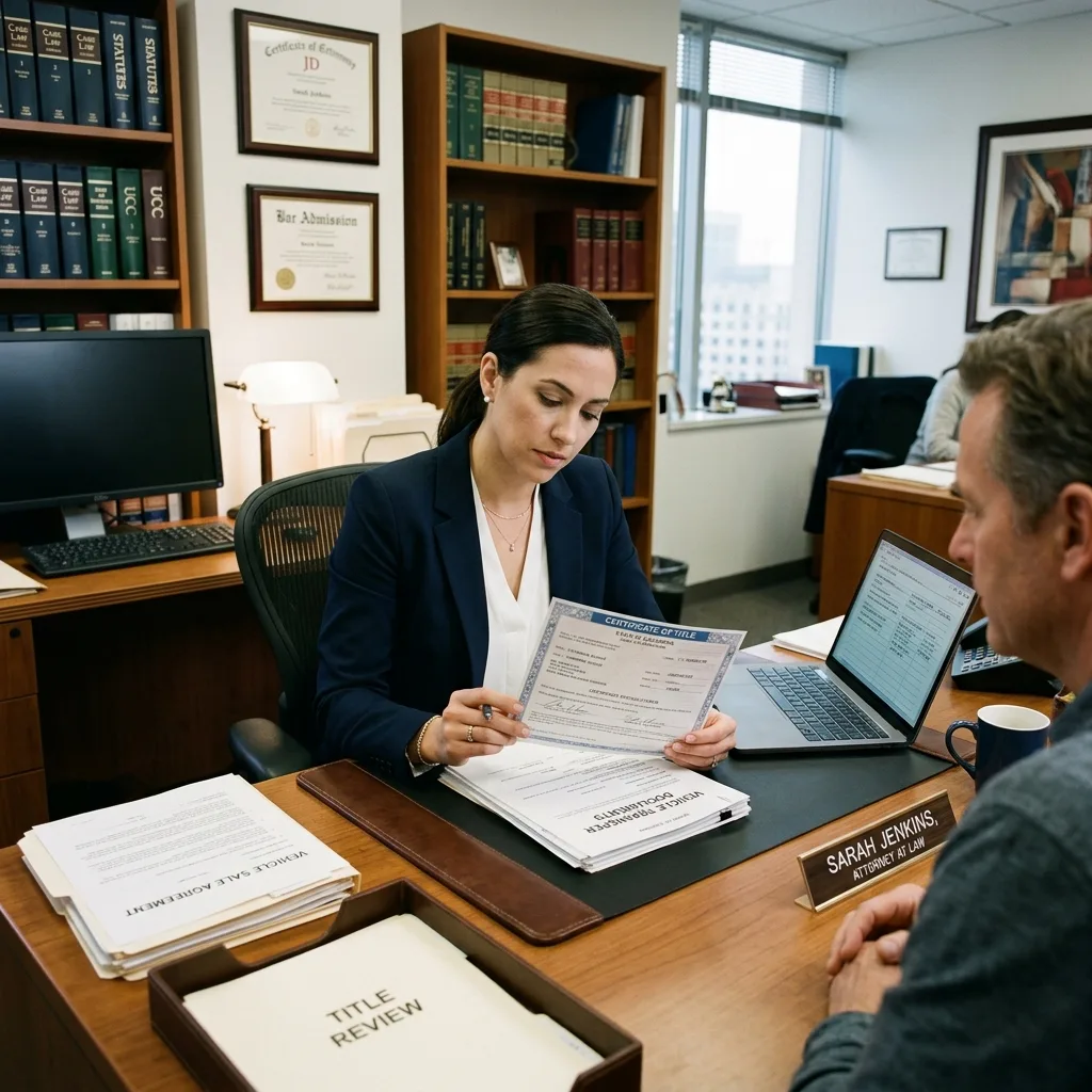 Attorney reviewing vehicle title documents at desk