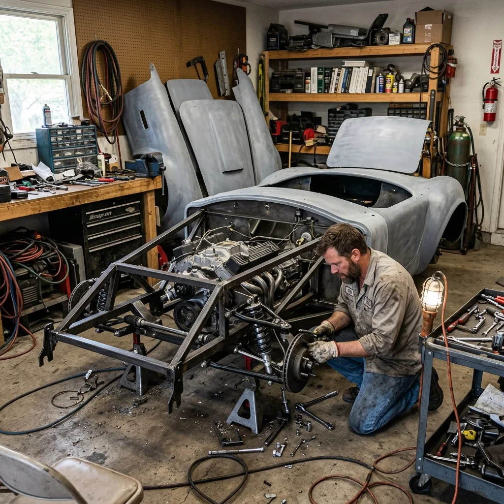 kit car build in home garage frame chassis with engine partially installed