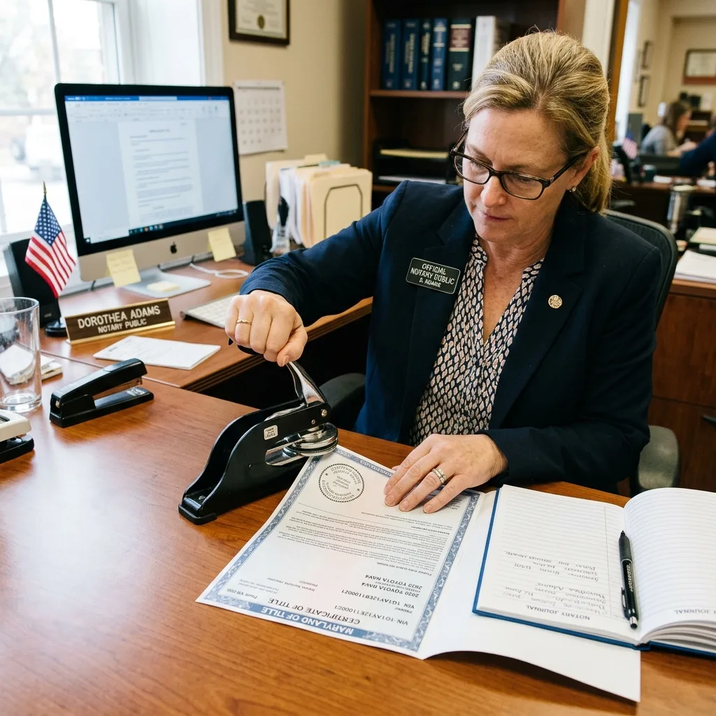 Notary public stamping vehicle ownership documents with official seal