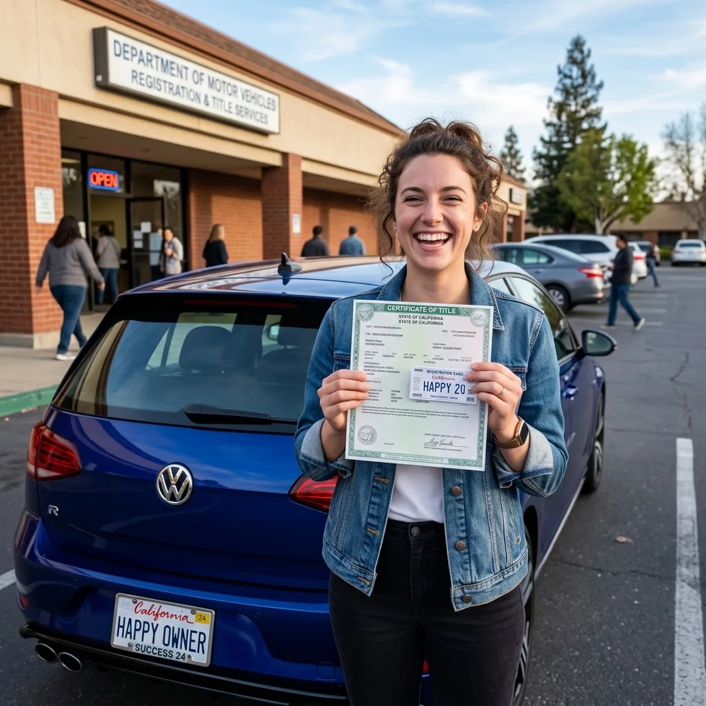 Happy vehicle owner holding completed registration and title documents