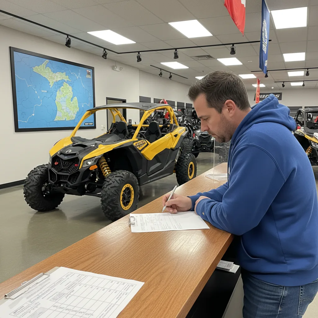 Michigan 6 percent ATV sales tax invoice at Grand Rapids Can-Am dealer with Maverick X3 on showroom floor
