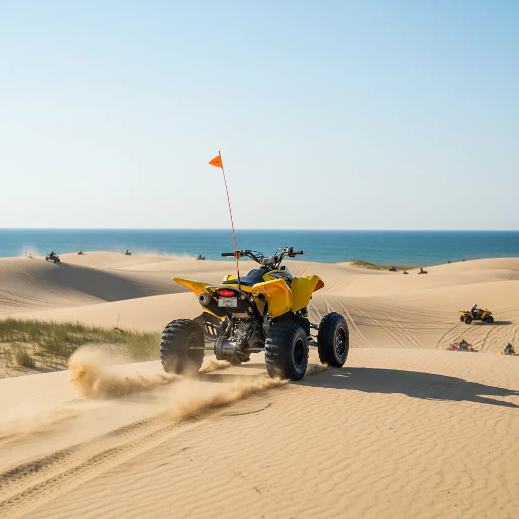 Yellow Yamaha YFZ450 ATV riding at Silver Lake Sand Dunes Oceana County Michigan with Lake Michigan visible