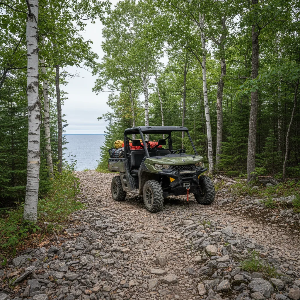 Can-Am Defender on Drummond Island limestone bedrock trail with Lake Huron in background Michigan ORV riding