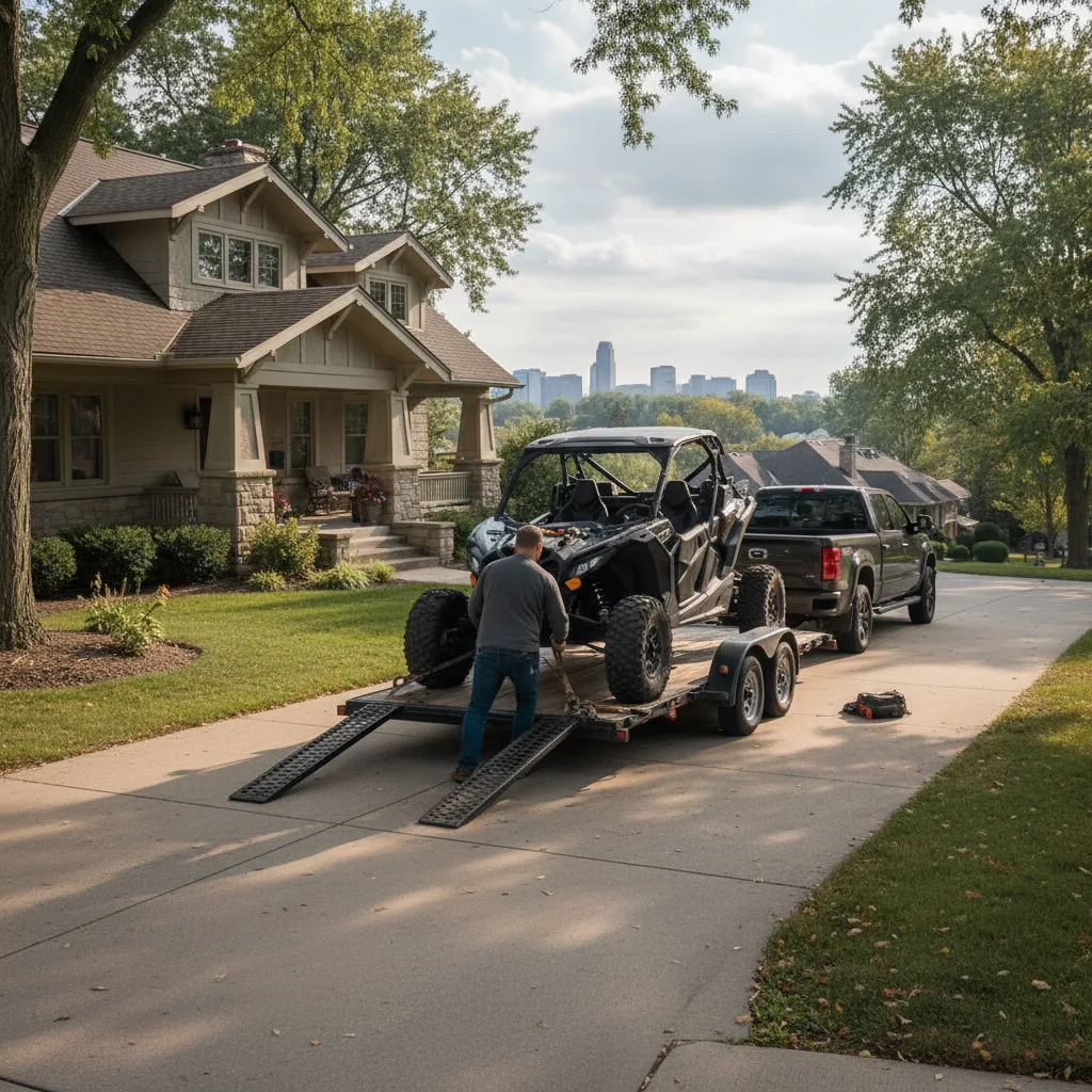 Software developer loading black Can-Am Maverick X3 onto trailer in Grand Rapids Michigan suburb