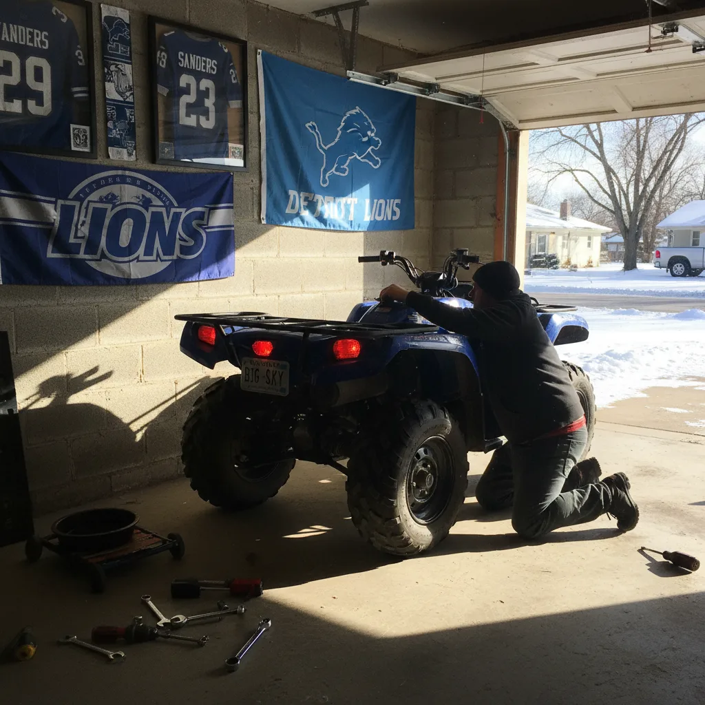 Montana license plate being mounted on Yamaha Grizzly 700 in Michigan garage with Detroit Lions gear on wall