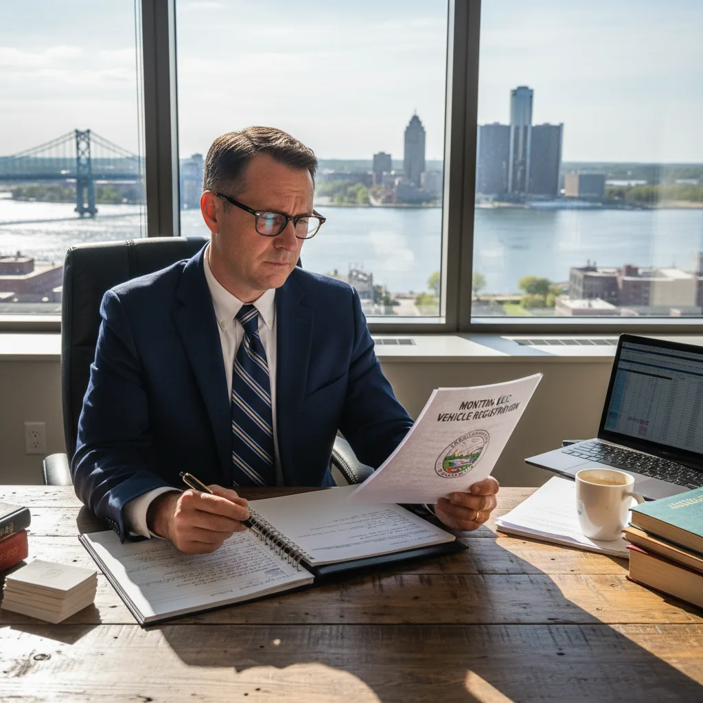 Michigan attorney reviewing Montana LLC registration documents with Detroit River visible through window