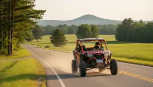 North Carolina ATV UTV registration Can-Am Maverick X3 on paved county road near Uwharrie with Montana license plate