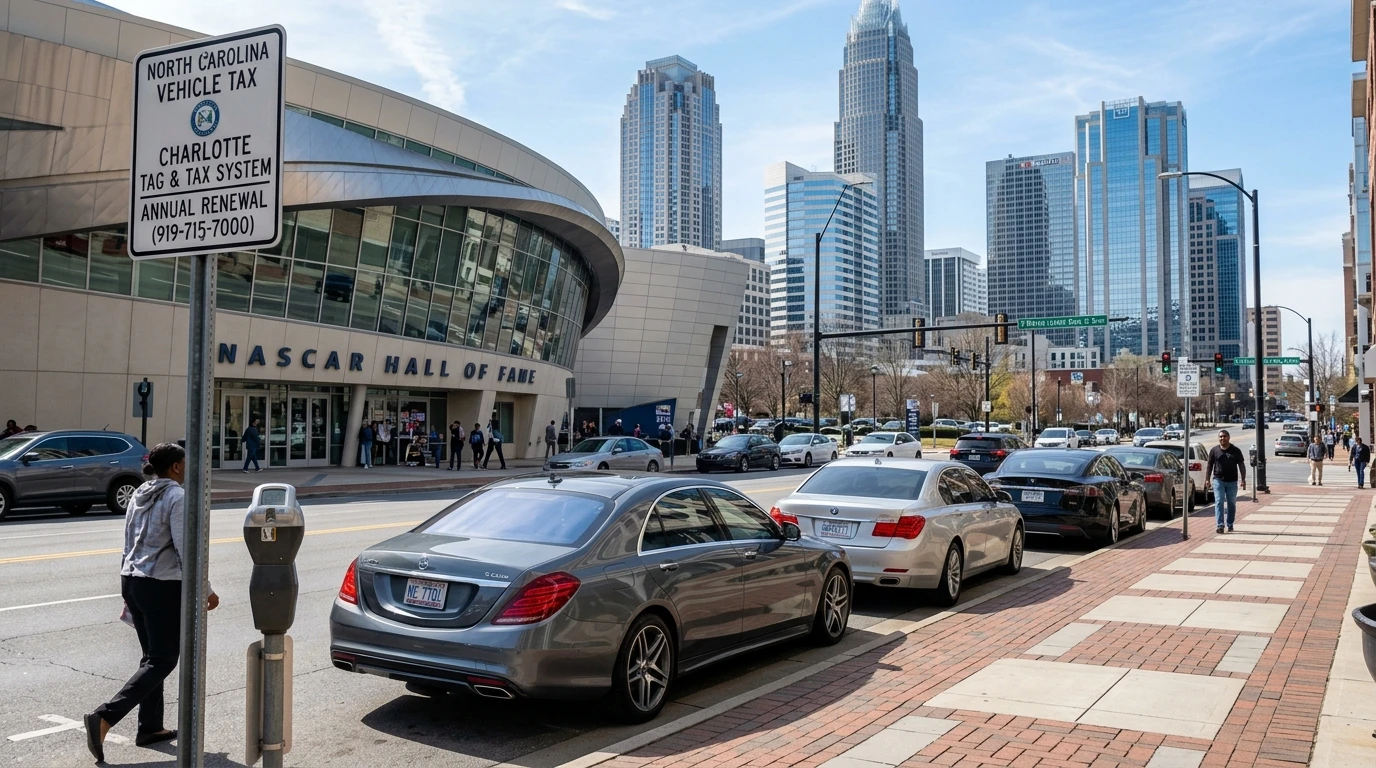 North Carolina vehicle tax Charlotte Uptown skyline Tag and Tax Together system luxury vehicles