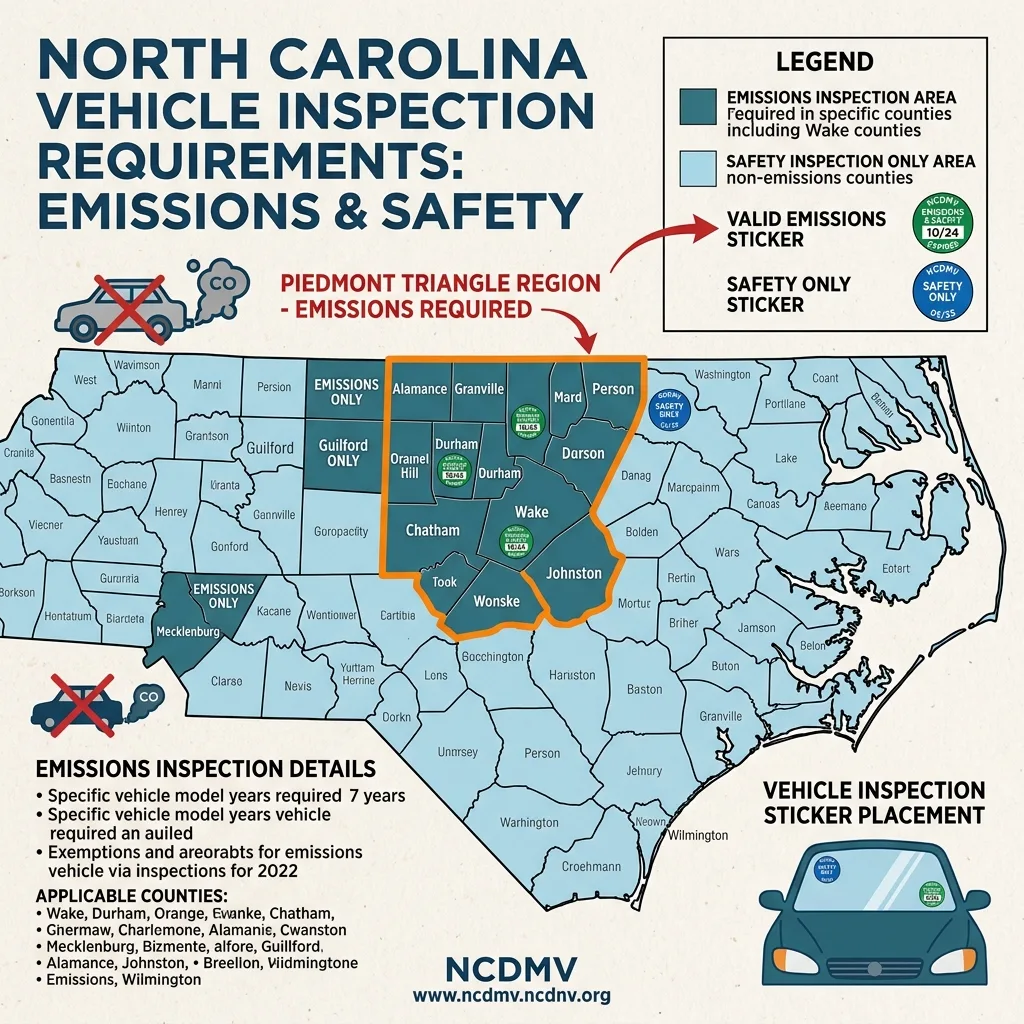 North Carolina county emissions inspection map OBD testing requirements