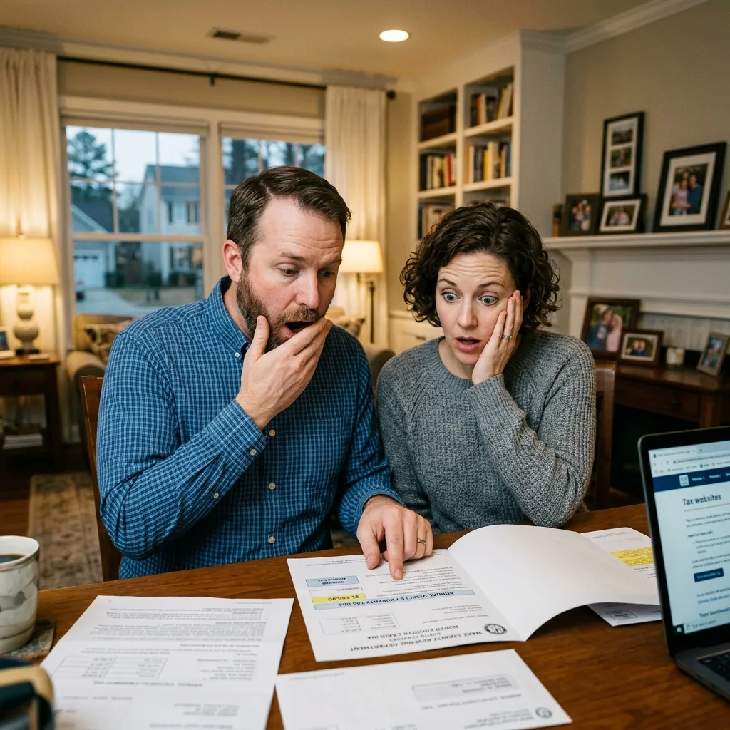 Shocked couple at dealership desk with large tax bill North Carolina vehicle tax