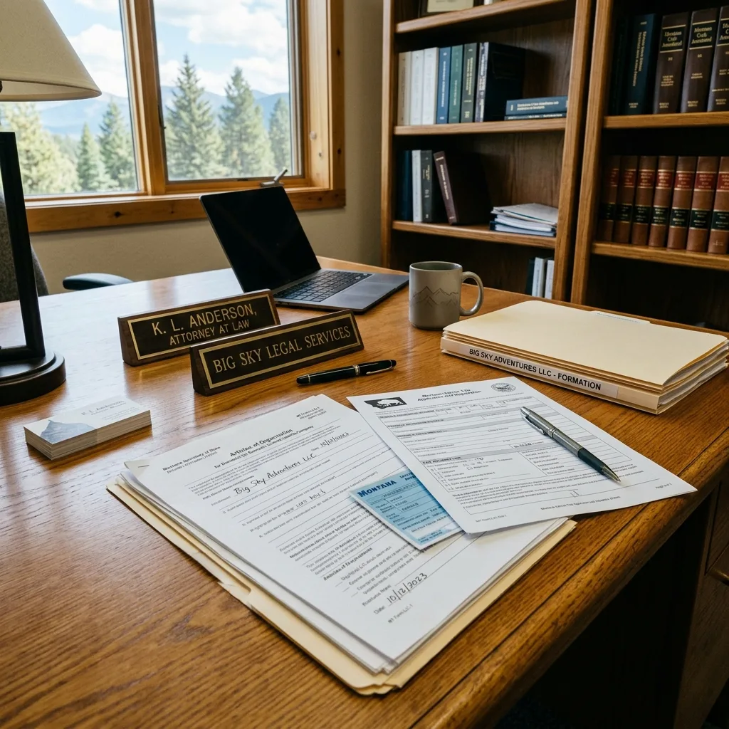 Attorney reviewing Montana LLC formation documents vehicle registration paperwork legal compliance