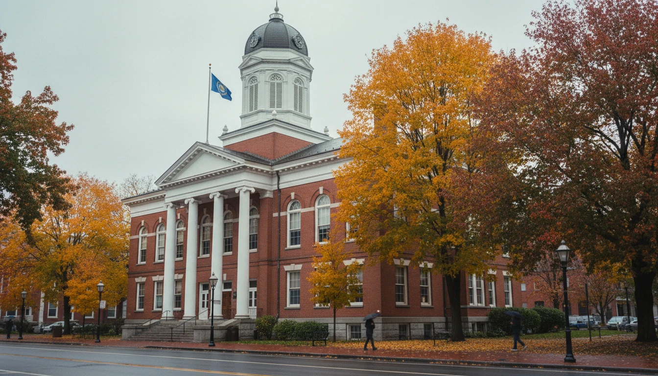 new hampshire vehicle registration - Manchester city hall with fall foliage and NH state flag
