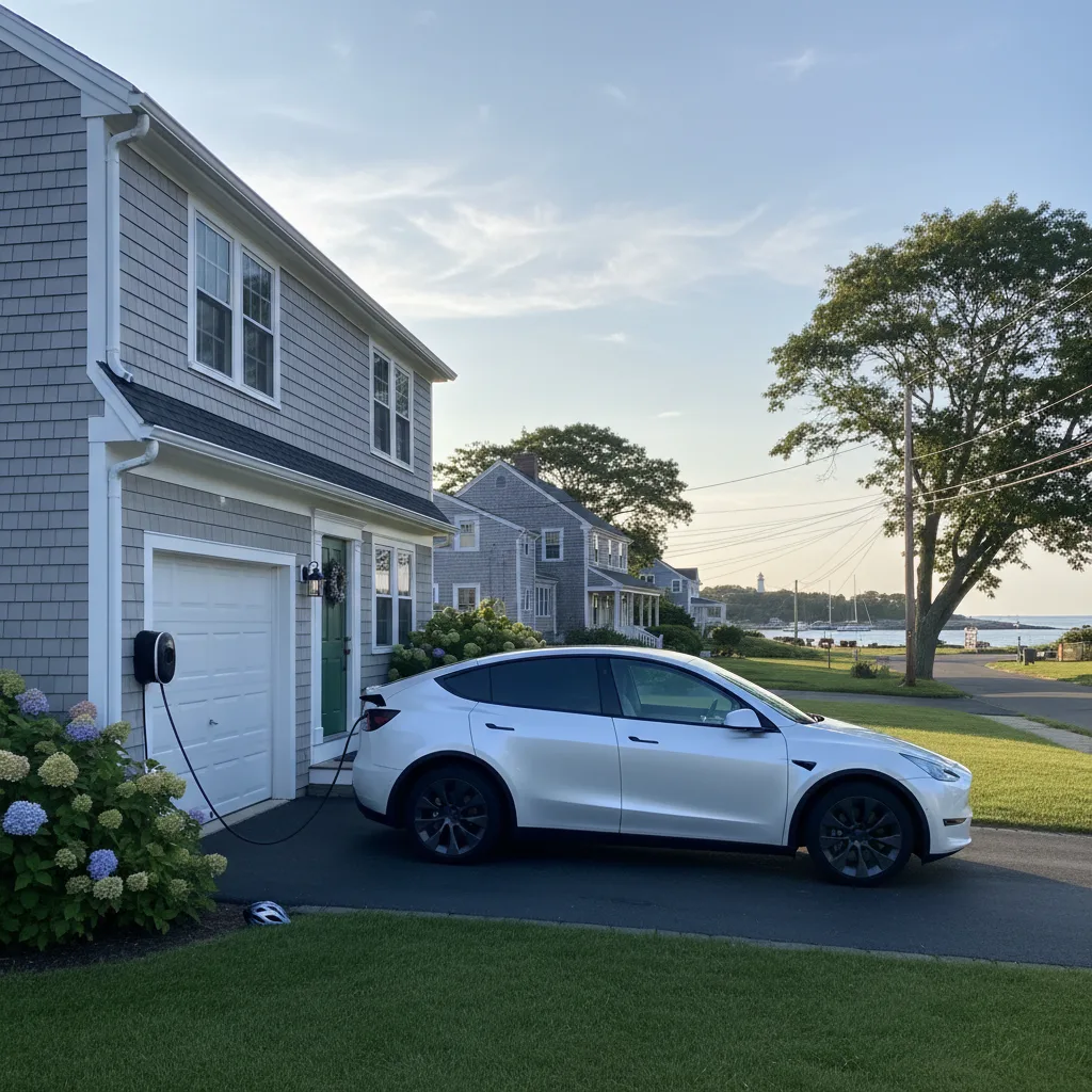 White Tesla Model Y in Portsmouth NH driveway with Level 2 home charger