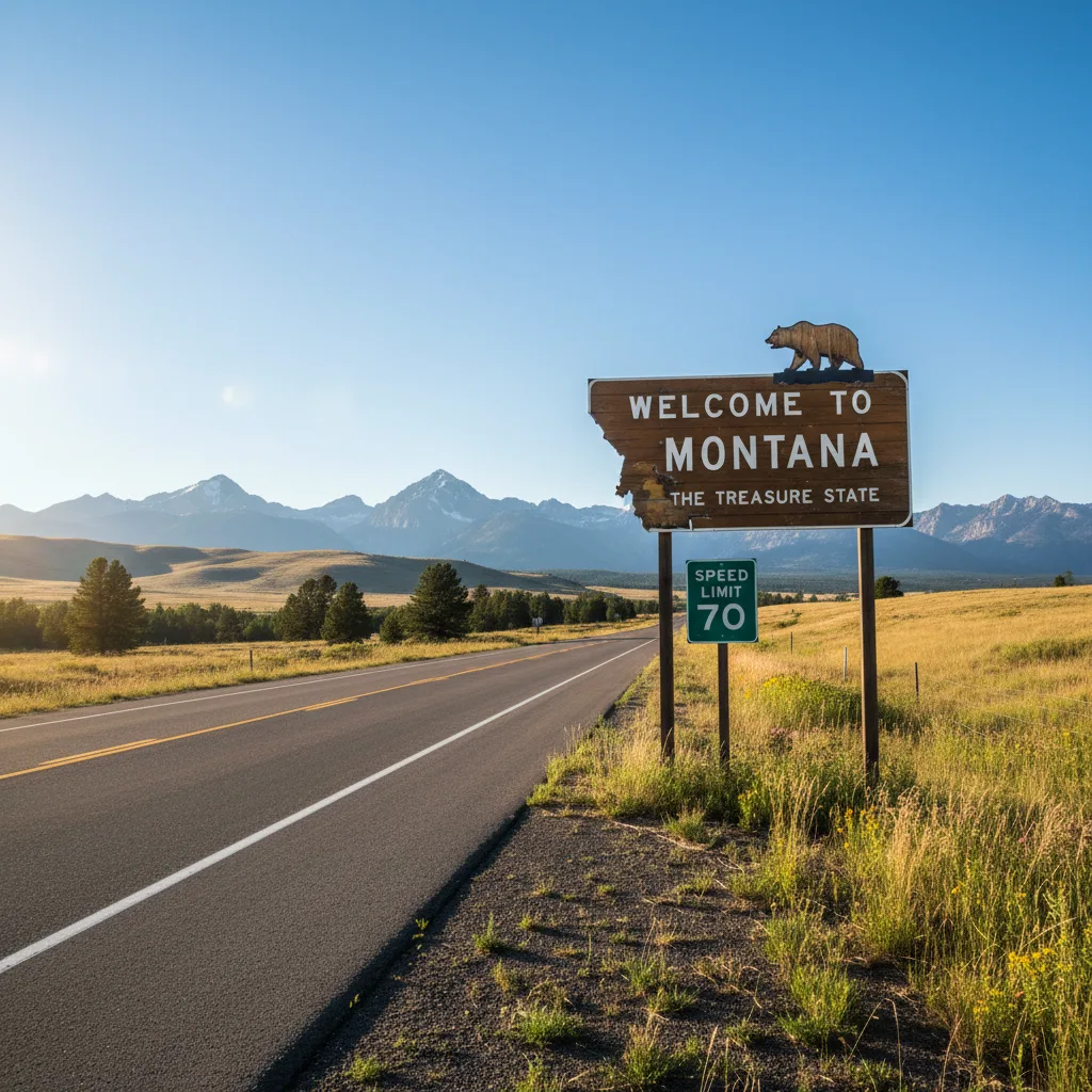 Welcome to Montana highway sign open road clear sky mountains distance