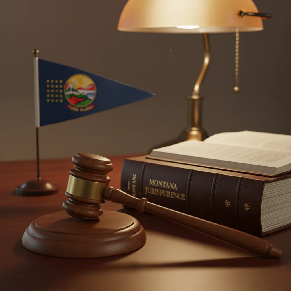 Gavel on law book with Montana state flag soft library light legal framing