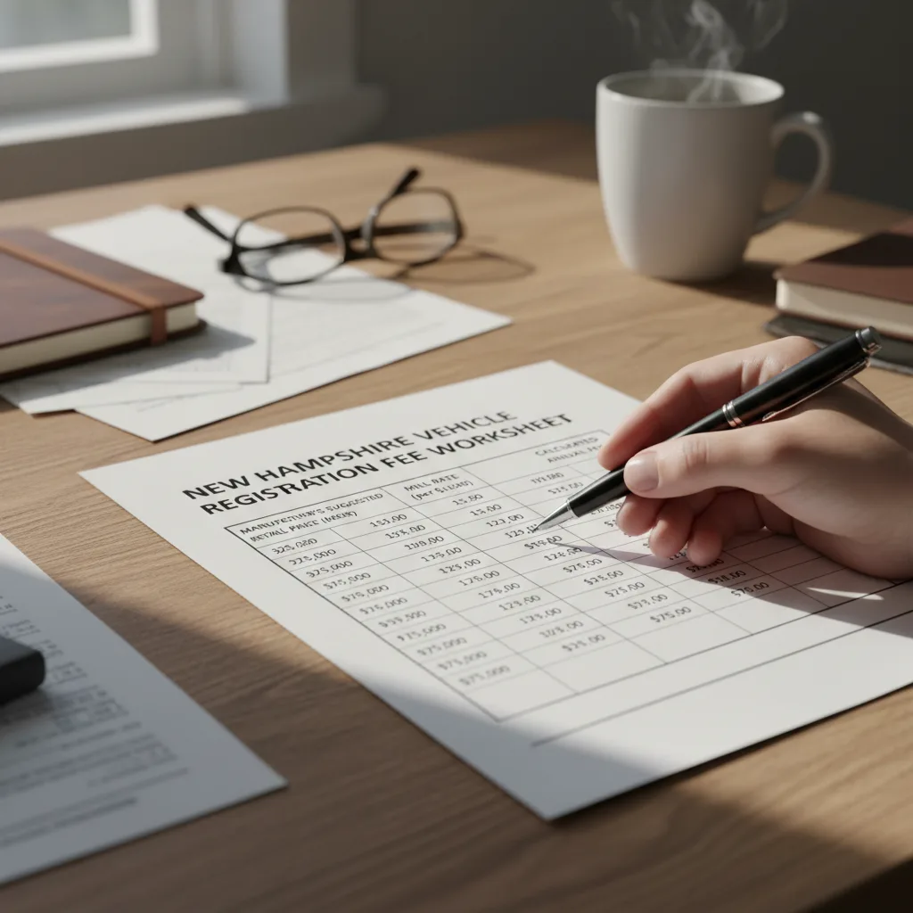 New Hampshire vehicle registration fee worksheet showing MSRP mill rate calculation