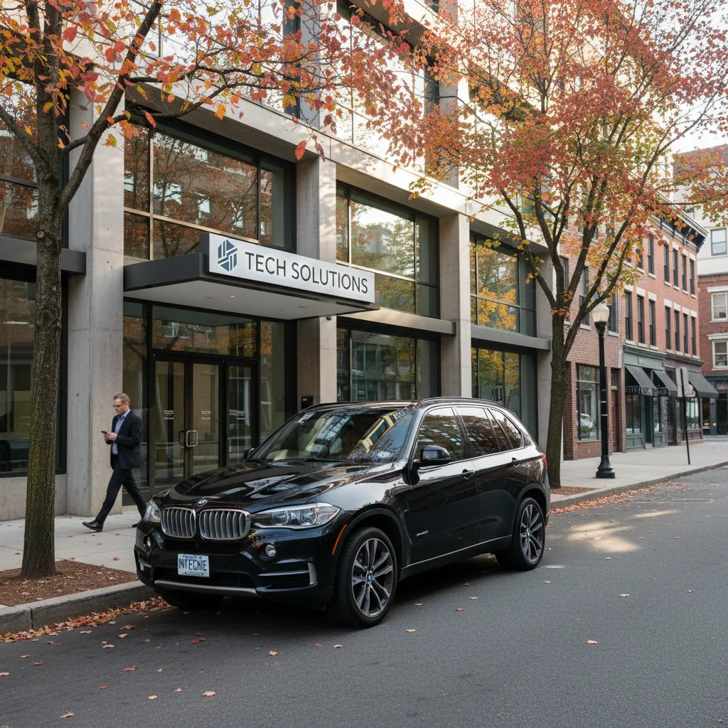 BMW X5 SUV parked outside Manchester NH tech company office autumn leaves