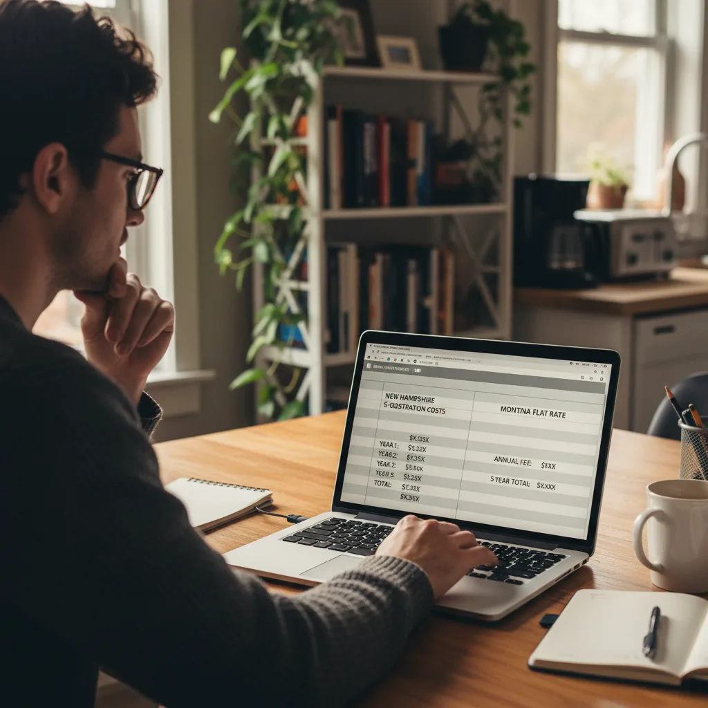 Spreadsheet comparing NH 5-year registration costs vs Montana flat rate