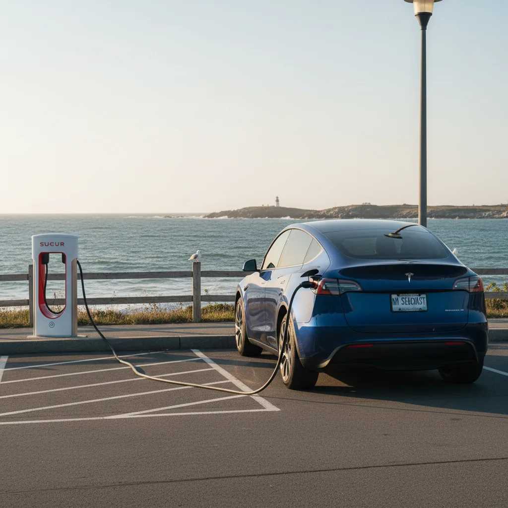 Tesla Model Y at Portsmouth NH charging station coastal New England