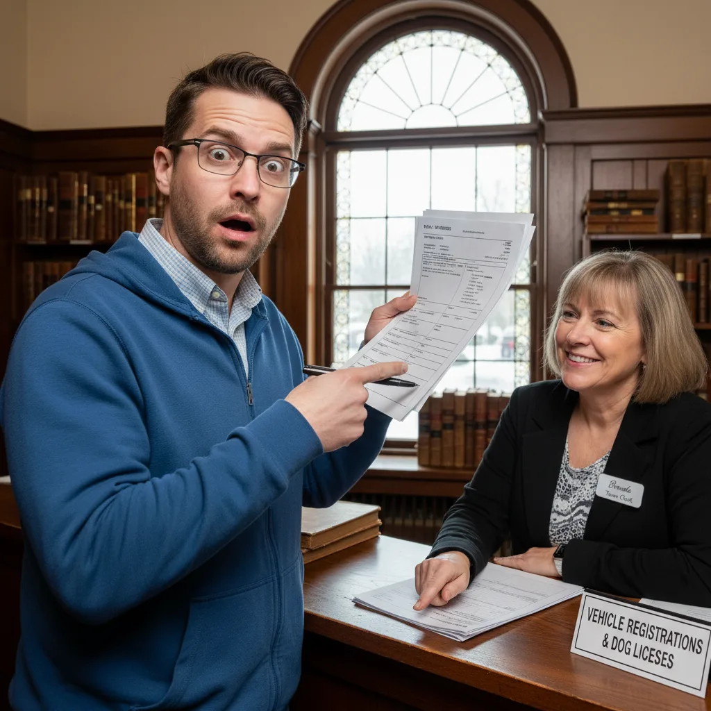 Software engineer at Manchester NH town clerk window with registration paperwork