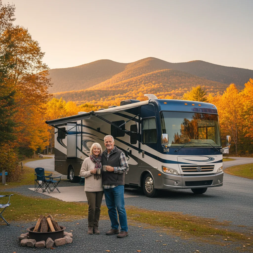 Retired couple beside Class A motorhome at New Hampshire campsite White Mountains