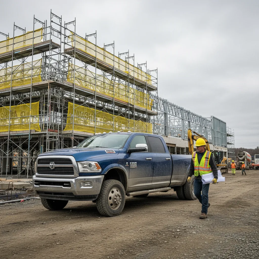 Ram 3500 pickup at Nashua NH construction site contractor with hard hat