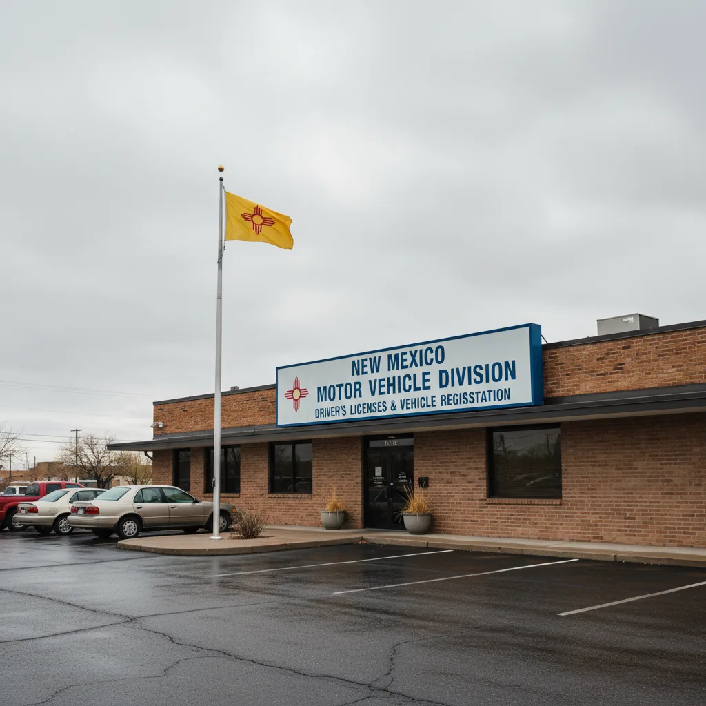 New Mexico Motor Vehicle Division office exterior with state flag