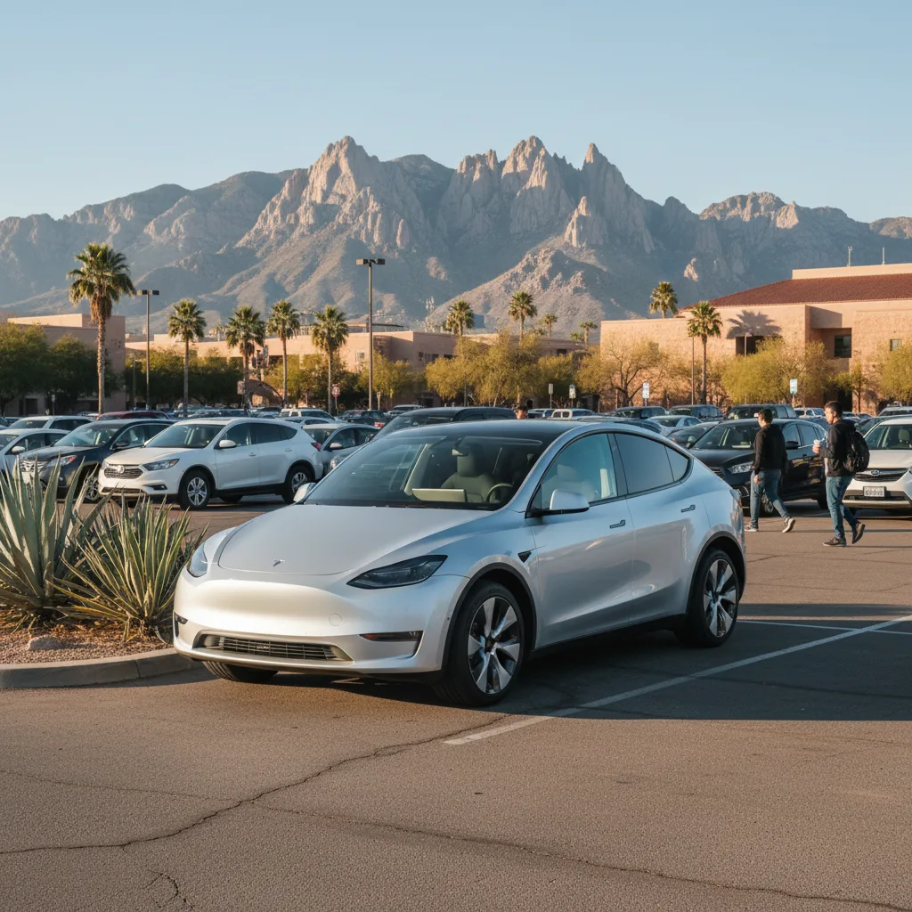2025 Tesla Model Y parked in Las Cruces New Mexico Organ Mountains