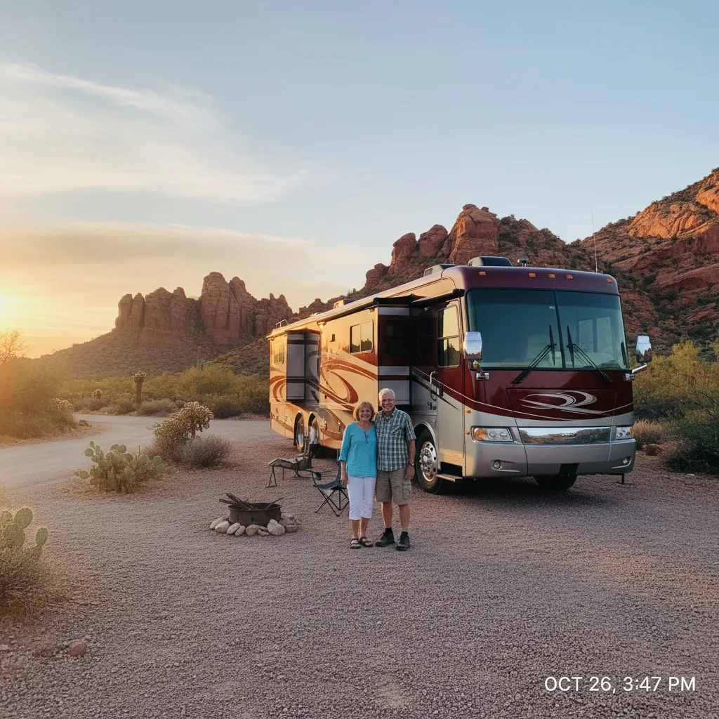 Tiffin Allegro Bus Class A motorhome parked in New Mexico desert