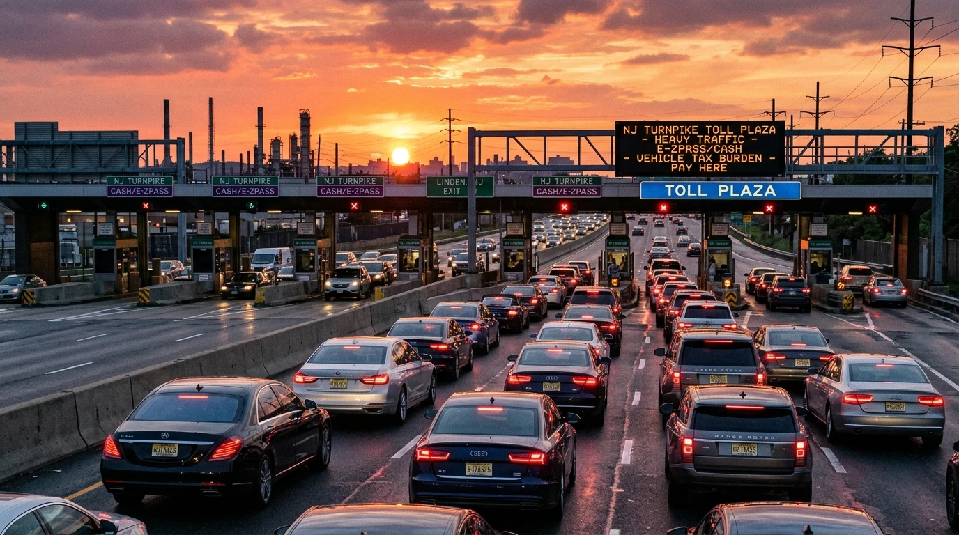 New Jersey vehicle tax - NJ Turnpike toll booths at sunset with luxury cars