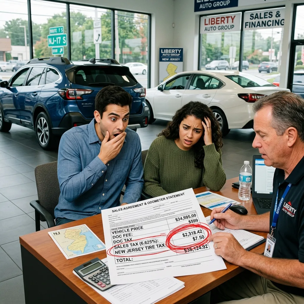 New Jersey luxury SUV buyer reviewing dealership invoice with sales tax line item
