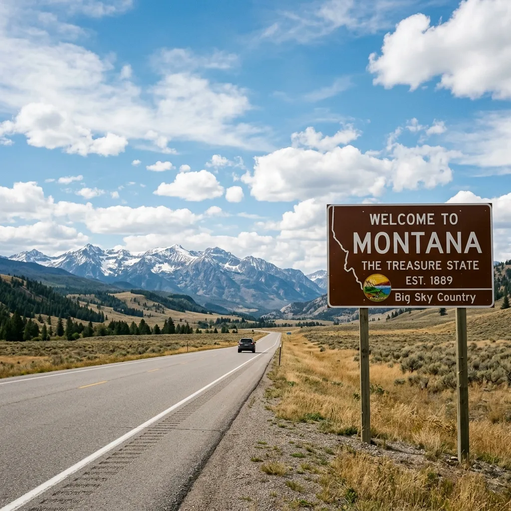Montana welcome sign open mountain highway no sales tax freedom vehicle registration