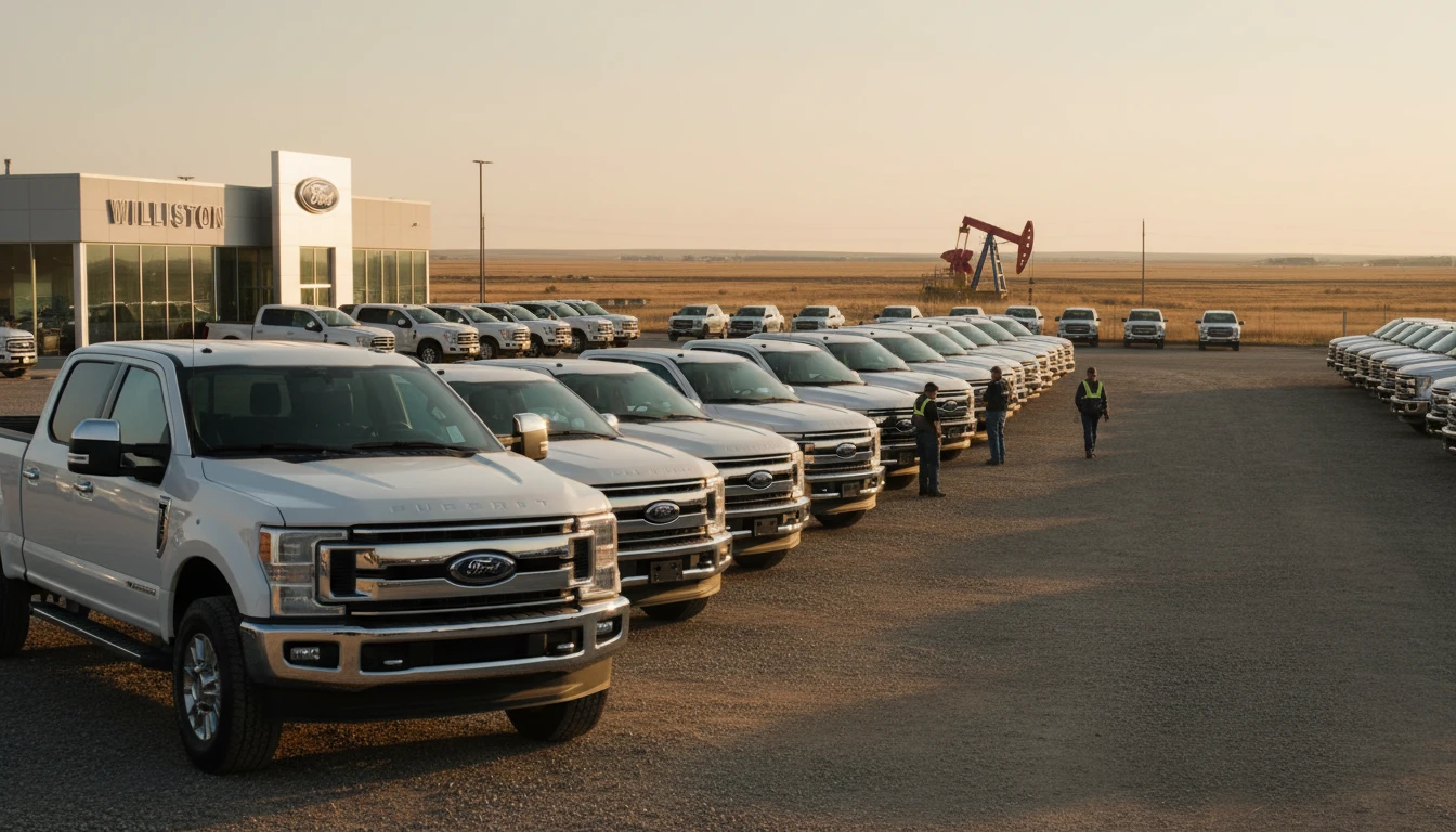 north dakota vehicle tax - dealership lot in Williston with pickup truck and prairie horizon
