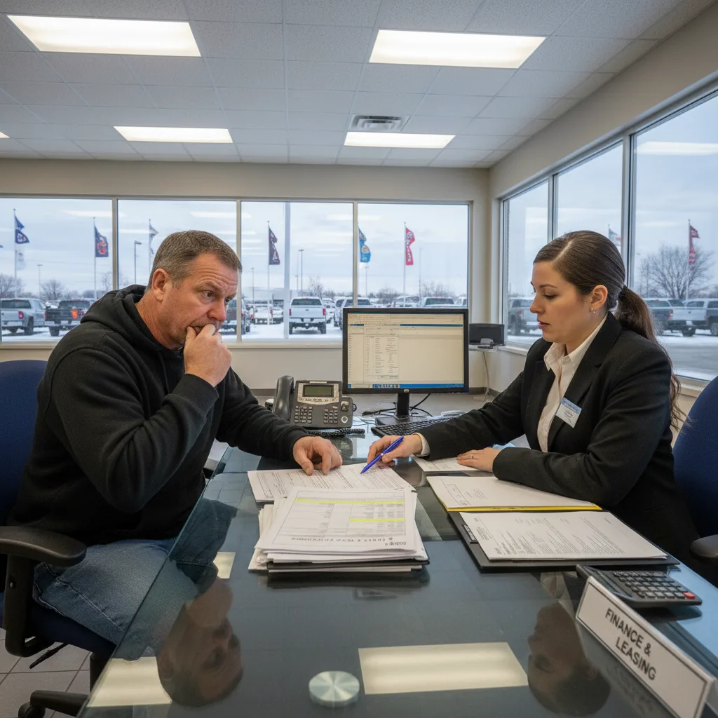 north dakota vehicle tax paperwork at dealership finance desk