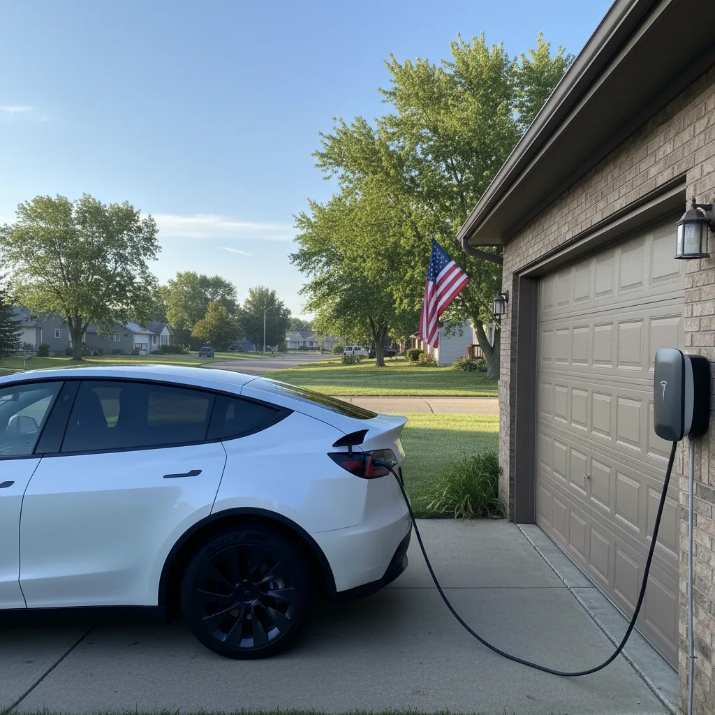 white Tesla Model Y in Grand Forks driveway with home EV charger