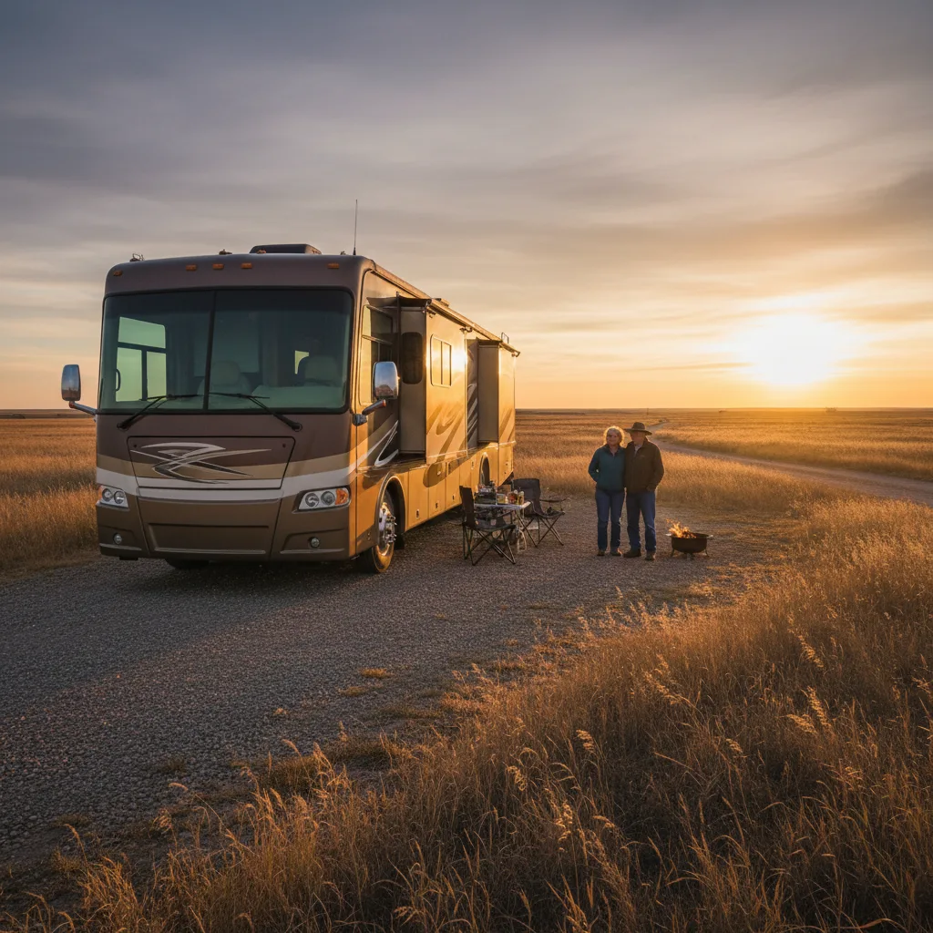 Tiffin Allegro Bus Class A motorhome at North Dakota prairie campsite