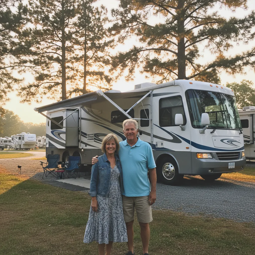 retired couple beside Class A motorhome at campground Montana savings