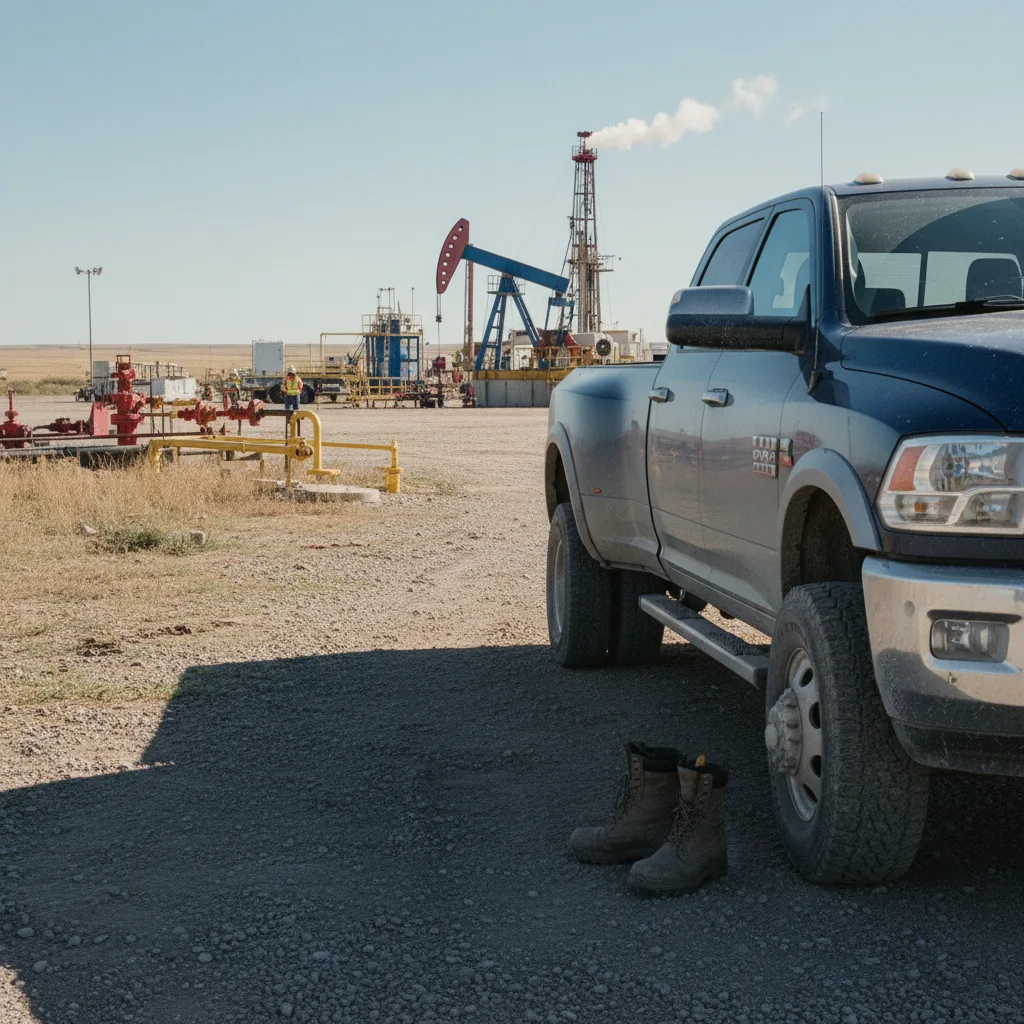 Ram 3500 HD dually at Bakken oilfield worksite North Dakota