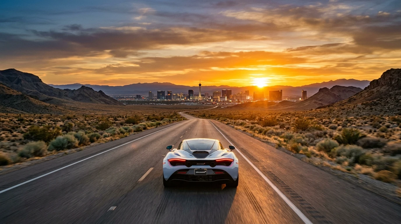 Nevada vehicle tax luxury sports car driving toward Las Vegas skyline desert highway sunset