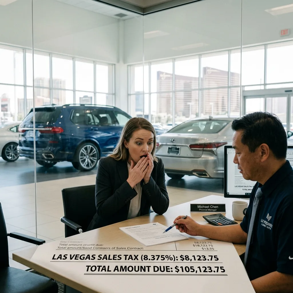 shocked couple at Nevada car dealership reviewing vehicle tax bill