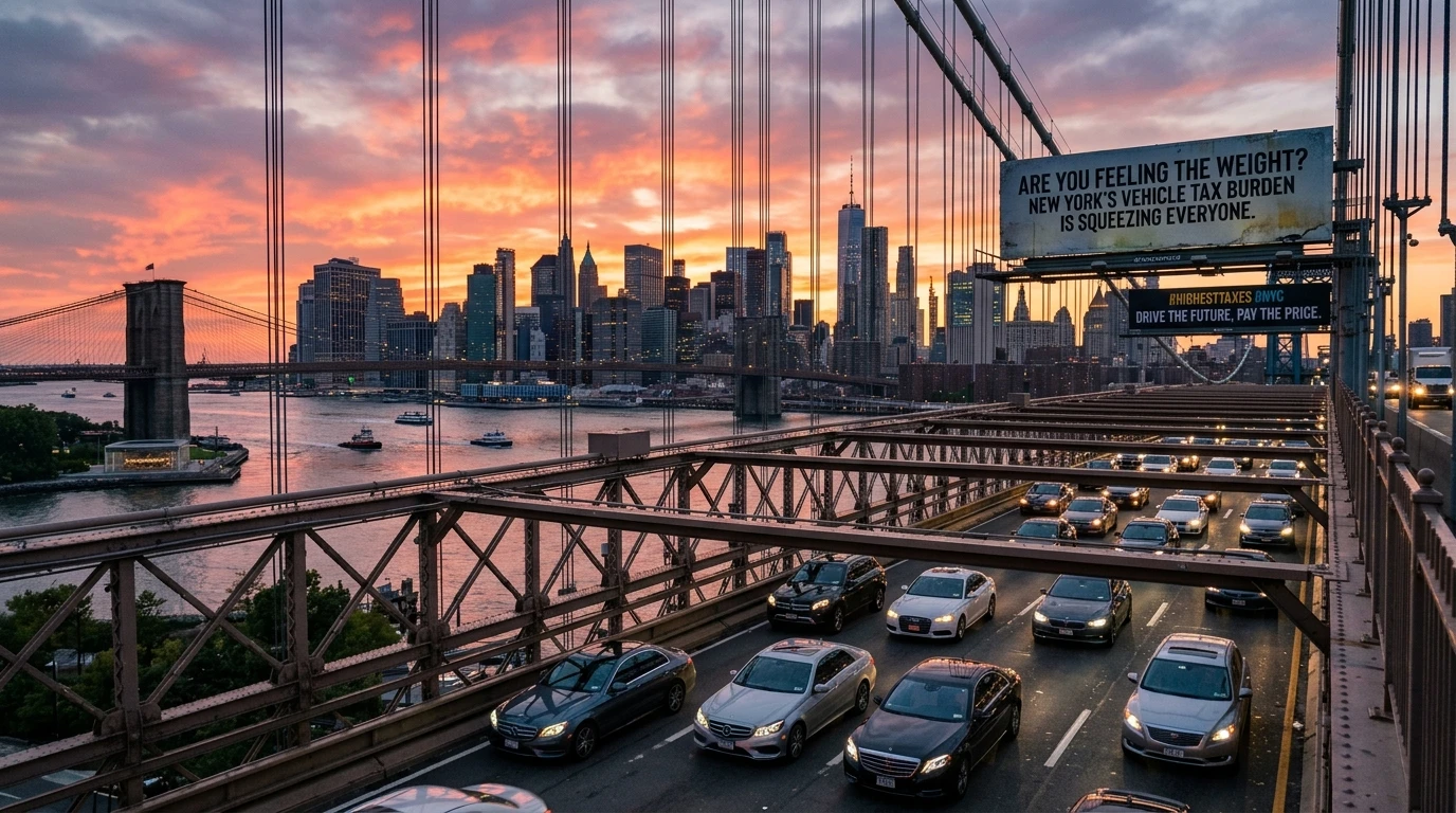 New York vehicle tax - NYC skyline with luxury cars on highway at sunset