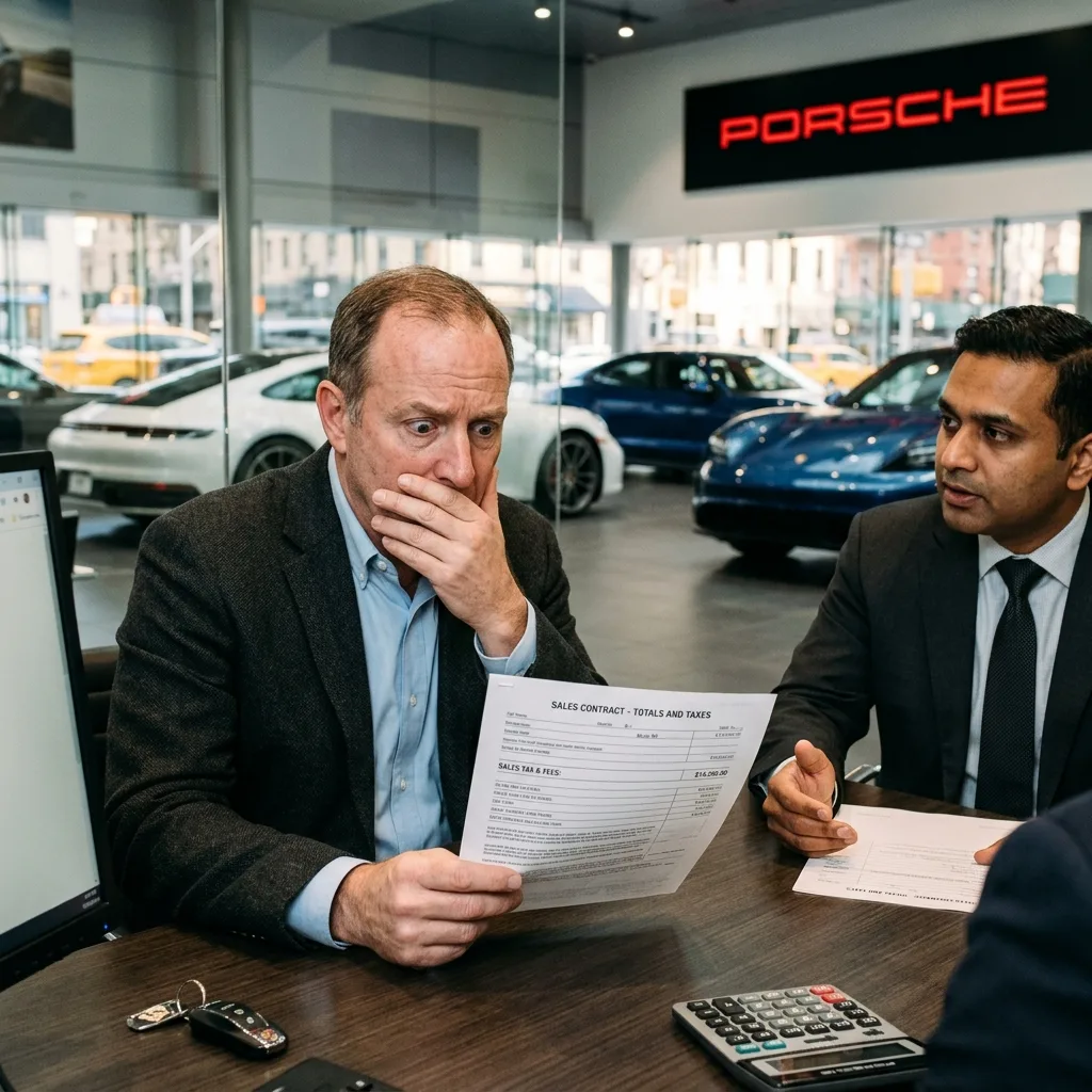 Couple shocked at New York vehicle tax bill at finance desk