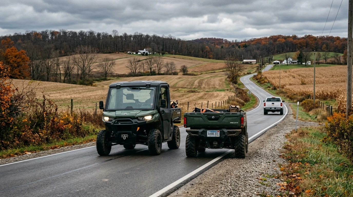 Can-Am Defender Pro on Ohio county road with Montana plate eastern Ohio farmland background