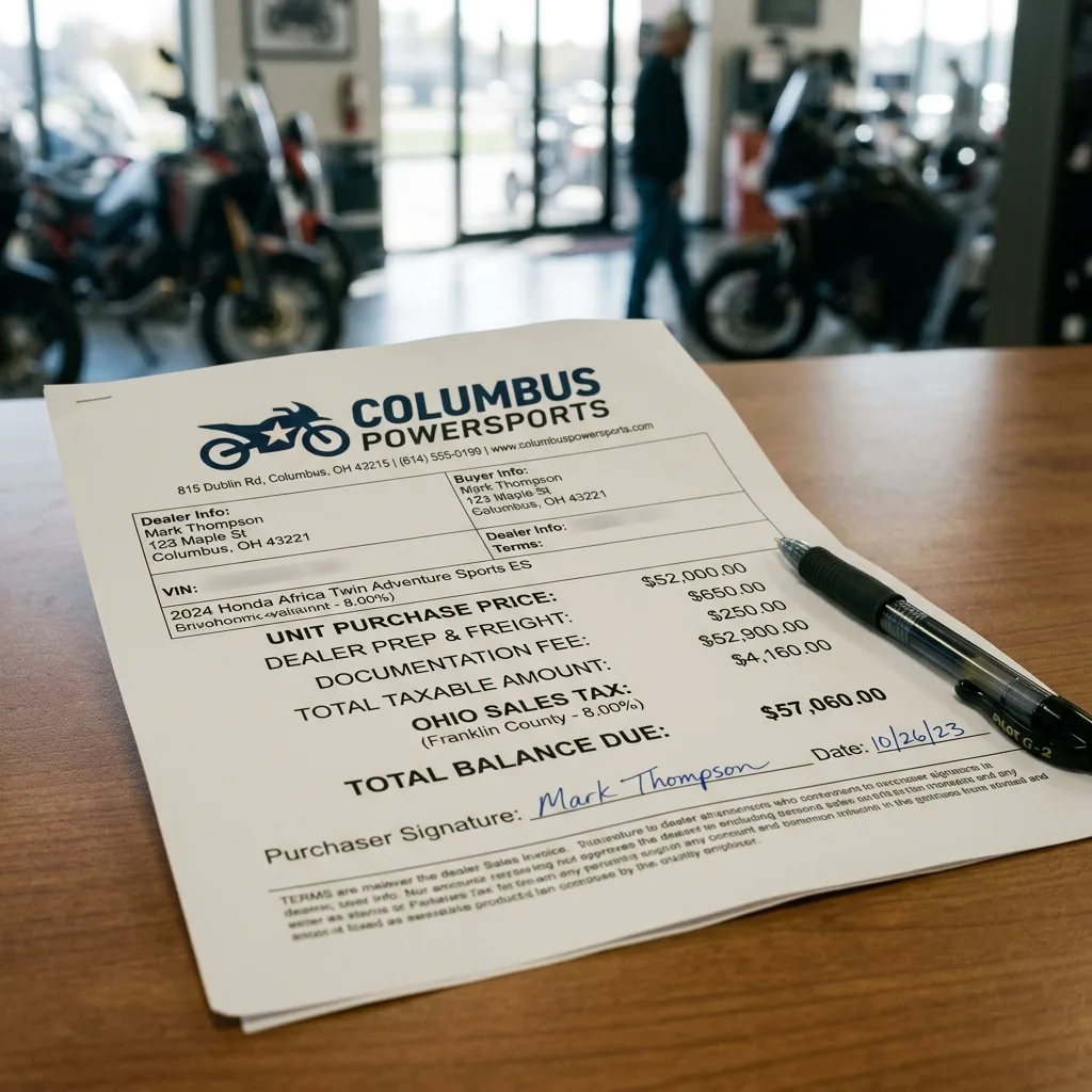 Ohio powersports dealer invoice showing $52000 purchase price $4160 Franklin County 8 percent sales tax