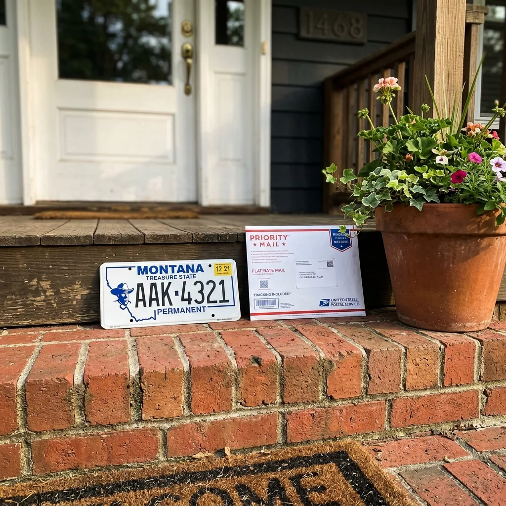 Montana permanent license plate doorstep Columbus Ohio suburban home USPS envelope permanent plate delivery