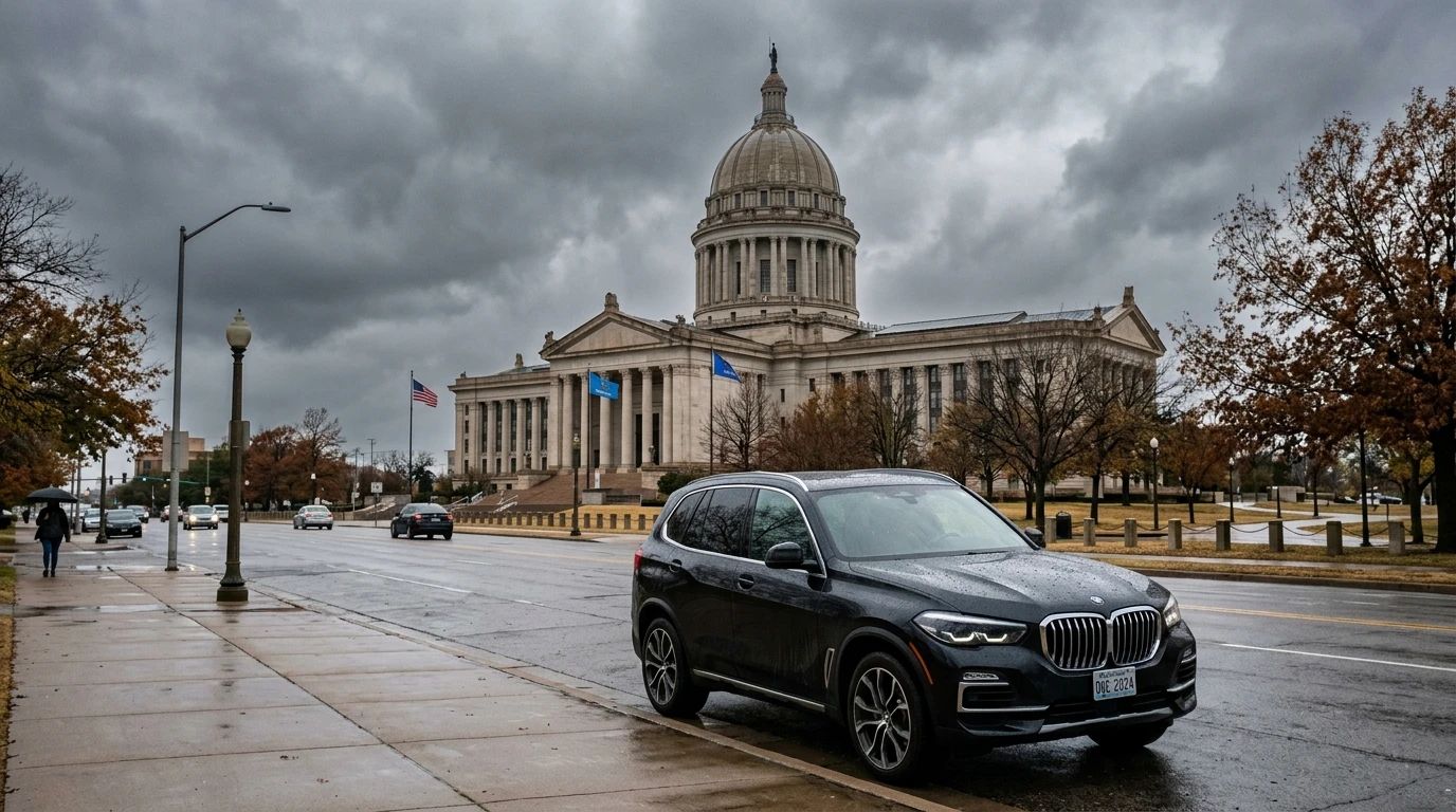 Oklahoma vehicle tax trap illustrated with BMW X5 at Oklahoma State Capitol