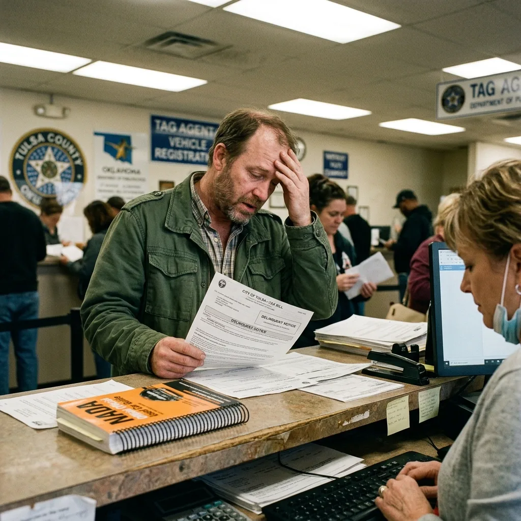 Frustrated Oklahoma car buyer at tag office holding vehicle tax bill