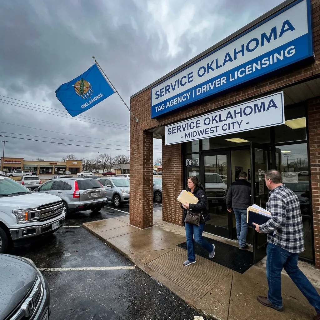Service Oklahoma vehicle registration office with state flag