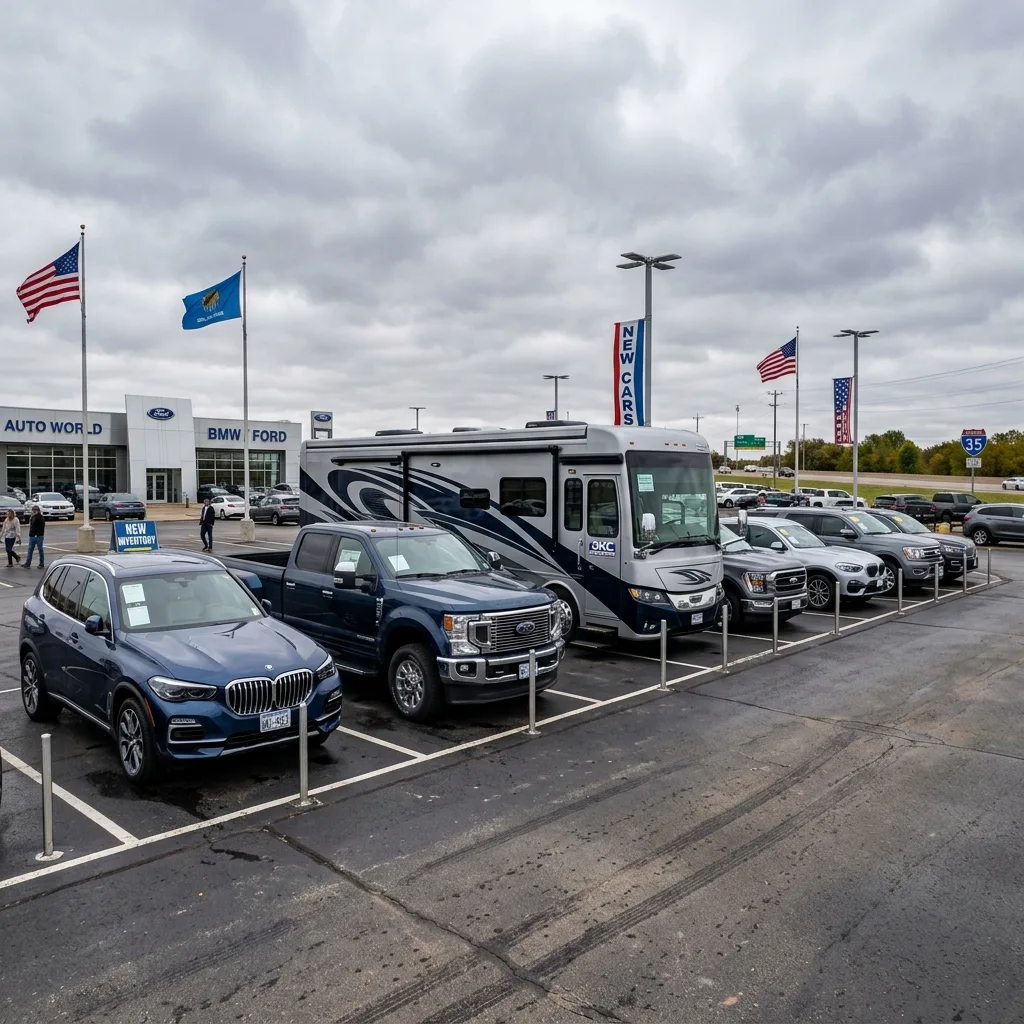 Row of new vehicles at Oklahoma City dealership including luxury SUV and pickup truck