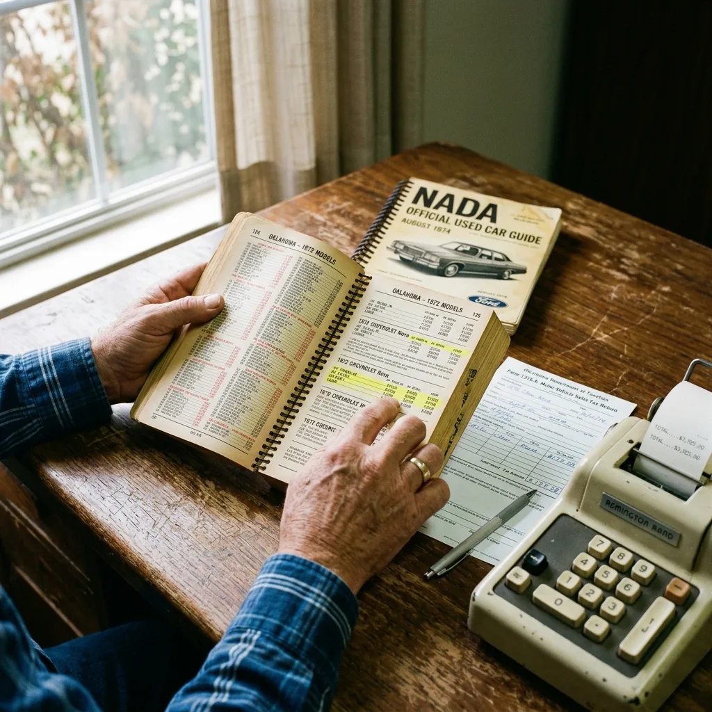 NADA guidebook and calculator showing Oklahoma vehicle excise tax calculation